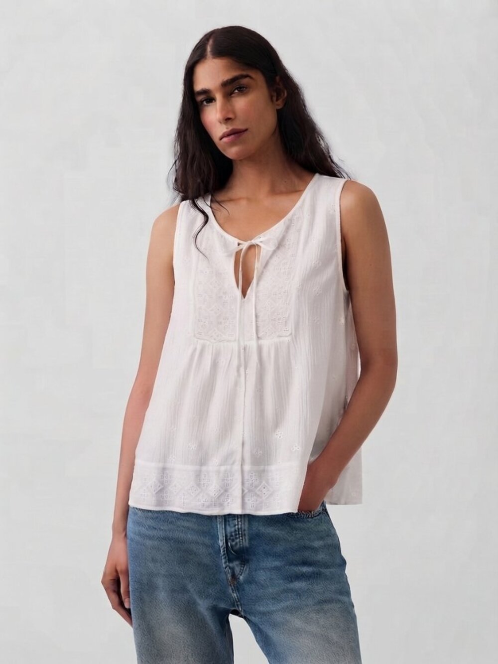 GAP Sleeveless eyelet embroidered lace bib-front crinkle fabric V-Neck